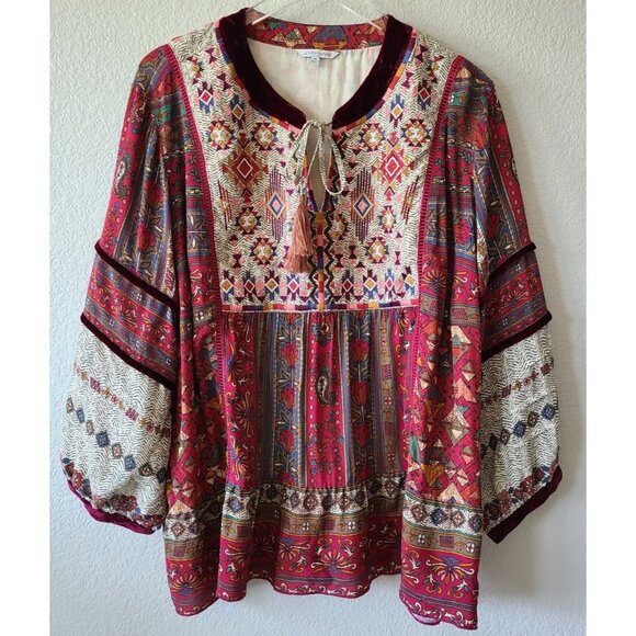 John Mark Boho Multicolor Floral Patchwork Blouse S Velvet Accents L/S Tassel - Picture 1 of 10
